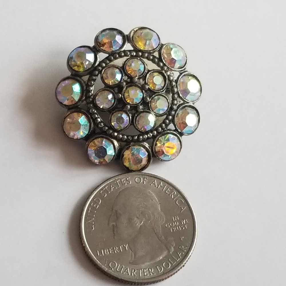 Vintage aurora borealis rhinestone circle brooch pin gold tone smoky AB - Picture 4 of 8